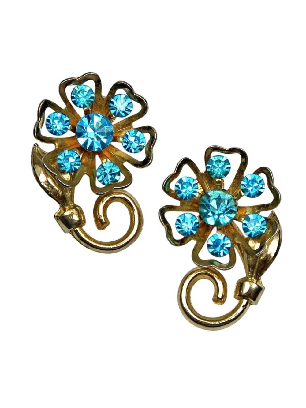 Coro Blue Rhinestone Floral Brooch Pair - Gold‑Tone 1950s Vintage Jewelry